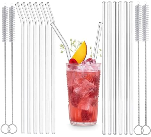 WUBAYI 16-Pack Glass Straws Eco-Friendly Reusable Drinking Clear with 4 Cleaning Brushes Suitable for Smoothies, Milkshakes, Tea, Juice - Dishwasher Safe(Set of 6 Straight & Curved)