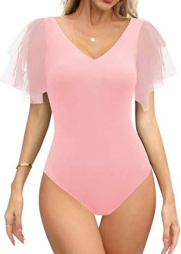 Missufe Body élégant pour femme, manches courtes, col en V, en maille, haut d'été, Rose, L