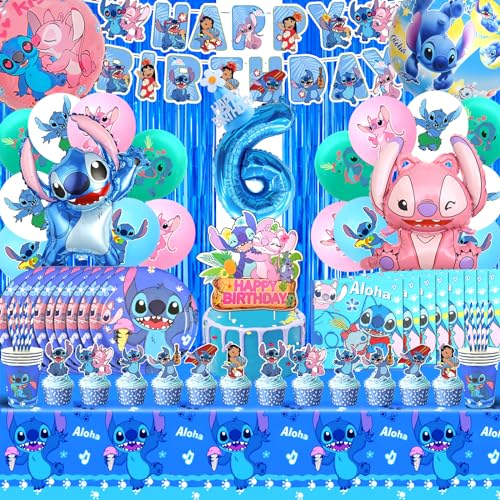 100pcs Lil y Stitc Cumpleaños 6 años, Decoración Cumpleaños Stitc, Decoracion Cumple stitch, Globos Stitc Cumpleaños, Vajilla Cumpleaños Stitc, para Decoraciones de Fiesta de Cumpleaños Niños