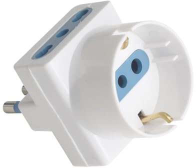 Adattatore da Viaggio a Tripla Presa 2 Bipasso 10A/16A + 1 Schuko 16A/Presa Italiana 10A con Spina Elettrica 16A 2P+T (1 Pezzo, Bianco)