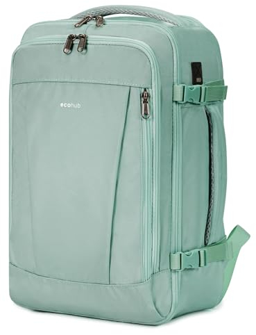 ECOHUB Rucksack 40x20x25 Ryanair Handgepäck 13 Taschen Reiserucksack Flugzeug Carry-ons Wasserdichter Rucksack Damen Klein PET-Recycelte Umweltfreundliche 20L,Patentiert(Hellgrün)