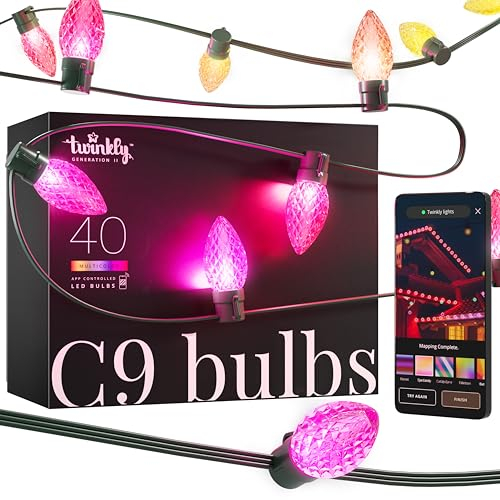 Twinkly C9 Lampen 40 RGB-LEDs, LED-Leuchten für den Außen- und Innenbereich, Smarte LED-Lichter, Kompatibel mit Alexa und Google Home, Gaming-Lichter, IP44, App-Steuerung, Grünes Kabel, 12,2 m