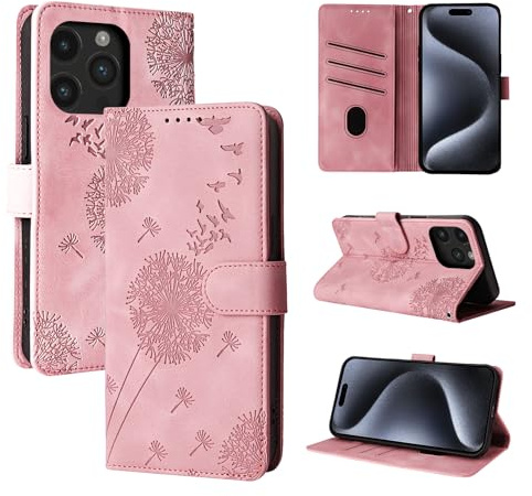 Rostsant Handyhülle für iPhone 15 Pro 6.1 Zoll Löwenzahn Roségold | PU Leder Flip Case Brieftasche Tasche Hülle Magnetisch Handyhülle für iPhone 15 Pro