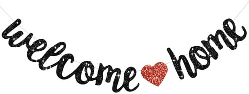 DecoGlee Black Welcome Home Banner,No DIY,Pre-Strung Welcome Home Decorations,Glitter Welcome Home Party Sign,Homecoming,Housewarming,Graduation Ceremony, Family Reunion, Military Return Party