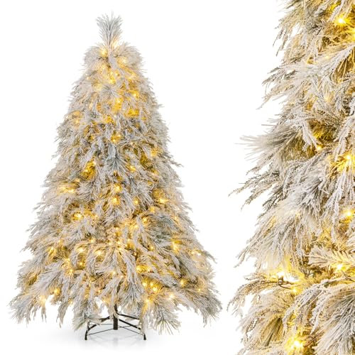 COSTWAY Künstlicher Weihnachtsbaum mit Beleuchtung, 180cm Tannenbaum mit warmweißen LED-Lichtern & 519 Zweigspitzen, Christbaum mit Schnee, Festbaum Kunstbaum für Festdekoration Indoor Outdoor