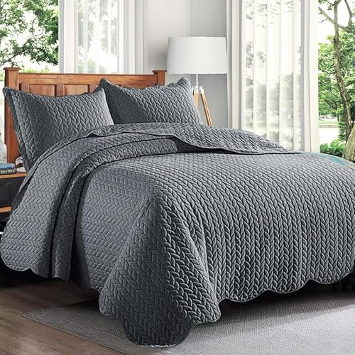 Cozy Haven Quilt Mono Bedspread 3 Pieces Set – Coverless Quilted Leaf Motif Bedspread, Comforter Throw, Summer and All-Season Lightweight Bedding Sets, with 2 Pillow Shams (Double, Grey)