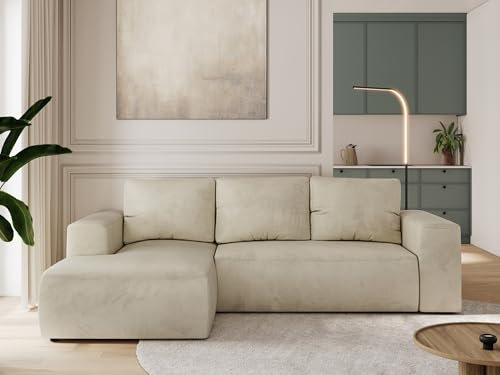 MKS MEBLE Sofa mit Schlaffunktion - Ecksofa mit Schlaffunktion und Bettkasten - Sofa 3 Sitzer - Schlafsofa - Couch - Schlafsofa mit Bettkasten - Trentino L - Beige Velvet - Links