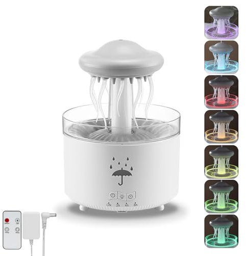 Justup Luftbefeuchter, Quallen-Rotierender Regentropfen-Luftbefeuchter, 300ml Kapazität Luftbefeuchter 3-in-1 Aromatherapie Diffusor mit 7-Farben LED Nachtlicht, für Schlafzimmer, Haus, Büro (Weiß)