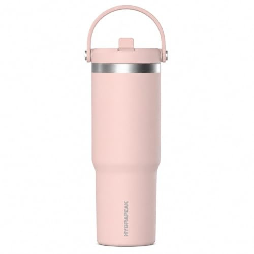 Hydrapeak Nomad 32oz Stainless Steel Insulated Travel Tumbler with Handle & Straw Lid, Leakproof, Cupholder Friendly, Back to School, College Dorm, & Everyday Hydration, Cold 24 Hours (Whisper Pink)