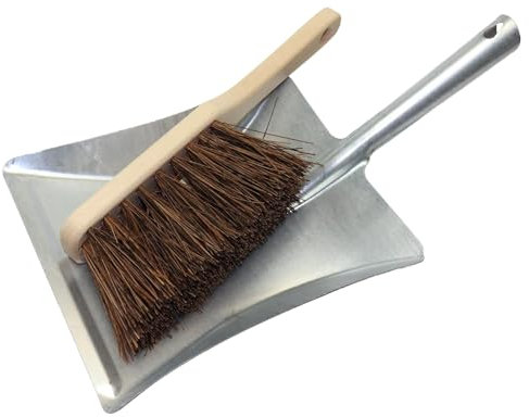 Stiff Bassine Hand Brush and Galvanised Metal Dustpan Set - 28cm Heavy Duty Wooden Scrubbing Brush with Hard Bristles and Steel Pan for Garage Workshop Garden Patio Floor Debris Durable Cleaning Kit
