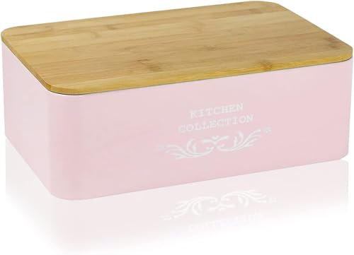 Riyashop Panera con tapa de bambú, para guardar el pan, con tabla de cortar, panera, tapa de metal/bambú, aprox. 35 x 12,5 x 23 cm, estilo rústico (Kitchen collection rosa)