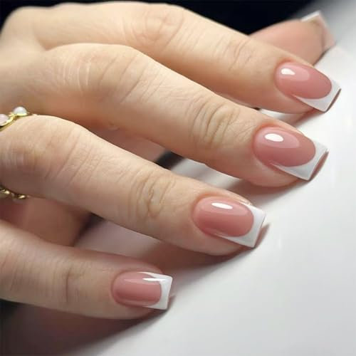 24Pcs Square False Nails Short - French Tip Nails - 12 Sizes French Fake Nails with Glue - Simple Style Stick on - Long Lasting False Nails with Glue Removable Nail Art Gifts for Women
