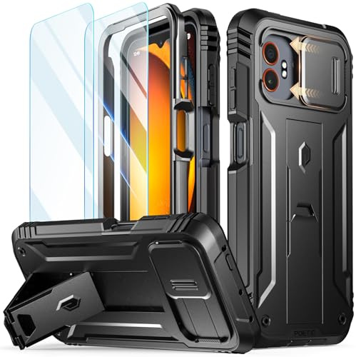 Poetic Revolution Schutzhülle kompatibel mit Galaxy XCover 7 Pro 5G, [Schiebe-Kamera-Abdeckung], 6,8 m, militärische Qualität, robust, doppellagig, stoßfest, mit Ständer, Schwarz