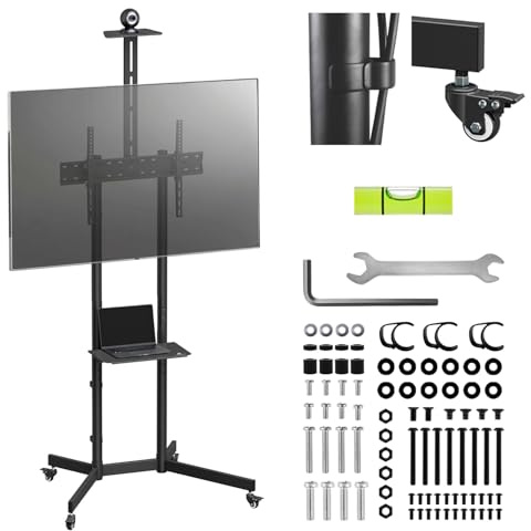 Maclean Supporto TV su ruote 37–70″ | Carrello mobile con 2 ripiani regolabili in altezza Ripiano fotocamera VESA 600×400 Gestione cavi | Capacità di carico 45 kg | Acciaio nero | MC‑113