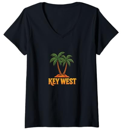 Damen Urlaub auf Palm Island im Retrostil bei Sonnenuntergang in Key West Florida T-Shirt mit V-Ausschnitt