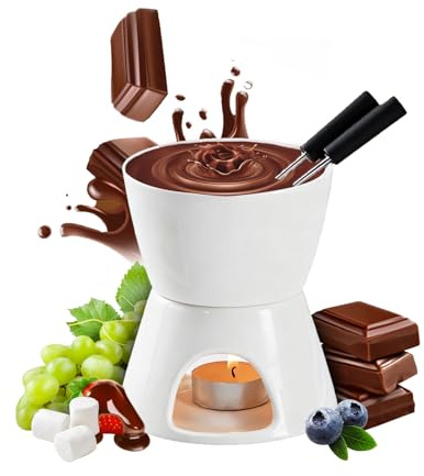CogitMin Fondue de Chocolate, Juego de Fondue de Cerámica Apto para Lavavajillas(2 Tenedores, y Pequeños Candelabros),Fondue de Queso Portátil y Duradera,Apto para Chocolate, Postres y Picnics