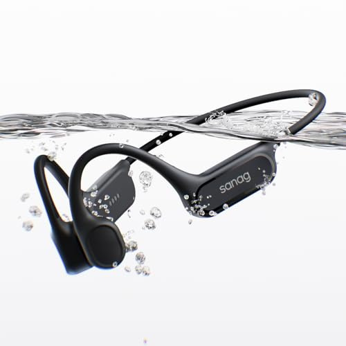 SANAG B33S Auriculares Conduccion Osea Natacion, IPX8 Impermeable, Open Ear Bone Headphones, Cascos Bluetooth con Micrófono, Reproductor MP3 de 32GB, 8H Autonomía para Natación, Nadar, Correr, Negro