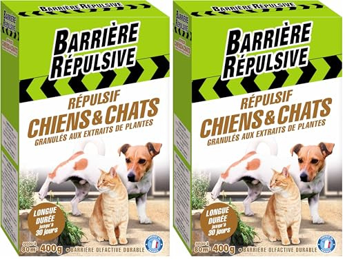 BARRIERE REPULSIVE Répulsif Chiens et Chats, Extérieur, Jusqu'à 80 m², 400 g (Lot de 2)