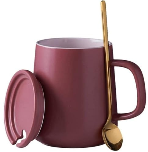 TÜDAZWKA 400ml Kaffeetasse mit Deckel und Edelstahllöffel Porzellan Kaffeebecher mit Henkel Kakaobecher für Tee Milch Cappuccino Latte Kakao (Lila)