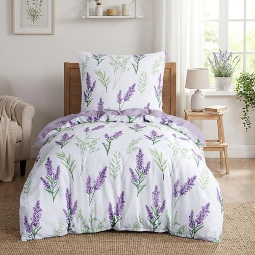 Tifschlaf Bettwäsche 135x200 2 teilig, Bettbezug mit Kissenbezug 80x80 cm, ÖKO-TEX Mikrofaser Bettwäsche-Sets Lavendel Muster Lila, Weich & Bügelfrei für Einzelbett mit Reißverschluss