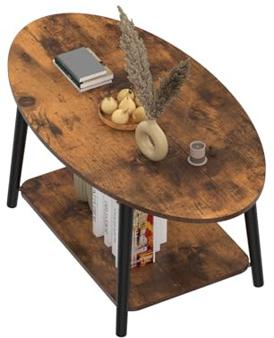 HUOLE Teetisch aus Holz, Couchtisch oval mit Ablagefläche, Wohnzimmermöbel, Design Spanplatte, Buchenholz, 100 x 53 x 45 cm - gebranntes Holz