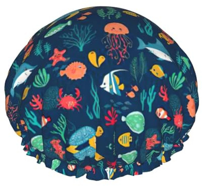 Ocean Fish Turtle Jellyfish Print Hair Cover For Shower, Women Adjustable Hair Cap Stylish Large Waterproof Shower Bonnet