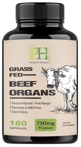 Grass-Fed Beef Organ Capsules – Whole Food Multivitamin with Liver, Heart, Kidney, Spleen & Pancreas – 5-Organ Vitality Complex – Energy, Iron & Nutrient Support – Freeze-Dried – 180 Capsules
