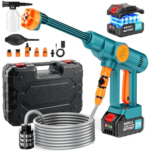 Akku Hochdruckreiniger, Mobiler Hochdruckreiniger mit 2×3000mAh Akku, Schaumsprüher,Wasserhahnanschluss,6-in-1 Multifunktionsdüse,Akku Druckreiniger Mobiler für Auto, Fahrrad, Terrasse & Camping, Grün