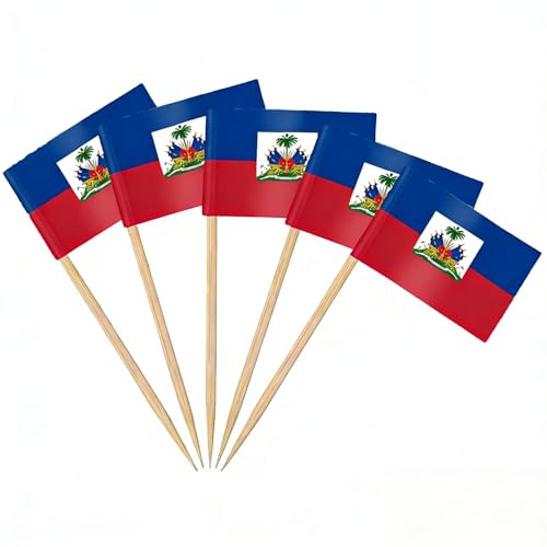 AhfuLife 100 Stück Haiti Zahnstocher Flaggen, Haitianische Deko Fahne Klein Mini Zahnstocher Haiti Fähnchen für WM 2026 Independence Day Cupcake Topper Toothpick Cocktail Party Bar Deko