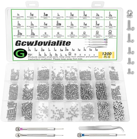 GcwJovialite 1200 Stück M1 M1.2 M1.4 M1.6 M2 M2.5 Kleine Schrauben Set,Mini Schrauben Muttern Set,Vernickelt Mikro Maschinenschrauben mit Muttern Kreuzschlitzschrauben Für Elektronik Uhrmacher Brillen