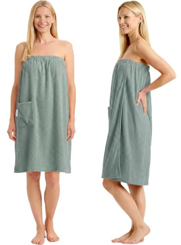 CalmySPA Leicht Frottee Saunakilt Damen - Saunahandtuch Baumwolle mit Gummizug und Knopf Saunakleid Saunatuch Sauna Handtuch Kleid Frauen Kilt (Jade)