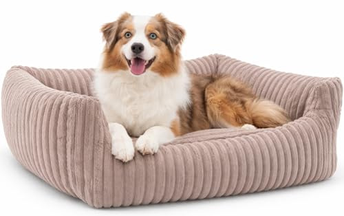 Odolplusz waschbares Hundebett 95x75cm Hundekissen aus Cord – Weiches Katzenbett rutschfest – Hundesofa in rosa für mittlere Hunde – Formstabile Hundematratze flauschig mit Rand
