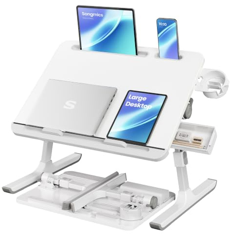 SONGMICS Table de Lit, Bureau Pliable, Plateau 56 x 40 cm, Hauteur Réglable | Support pour Ordinateur Portable, Inclinaison Continue à 120°, Porte-Gobelet, Blanc, Collection ISLAND LLD113WB01