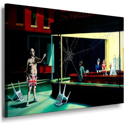 Unbekannt Nighthawks by Banksy Street Art Graffiti Leinwand Bild von artfactory24 fertig auf Keilrahmen - Kunstdrucke, Leinwandbilder, Wandbilder, Poster, Gemälde, Pop Art Deko Kunst Bilder