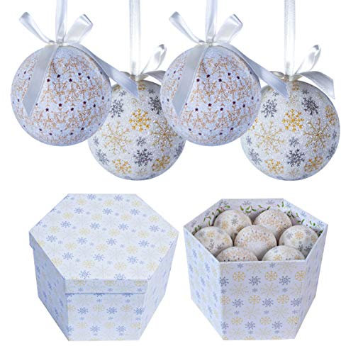 The Christmas Workshop Set of 14 Christmas Baubles/Various Festive Designs/Gift Boxed Christmas Tree Decorations / 7.5cm Diameter Baubles (White & Gold Snowflake and Icicles)