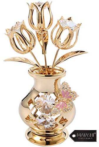 Tulpen in Einer Vase, wunderschön gearbeitet, Tisch-Dekoration, getaucht in 24 K Goldlegierung, mit echten Matashi Kristallen, Vinyl, Clear Crystal, Butterfly