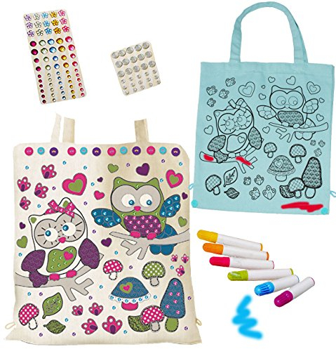 alles-meine.de GmbH Bastelset zum Bemalen - Tasche - lustige Eulen - als Tragetasche/Einkaufstasche/Stoffbeutel - groß + mit Glitzer Steine & Malstiften - Kindertasche Ba..