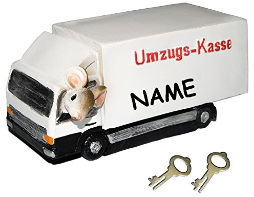 Spardose - Umzugs-Kasse - mit Schlüssel - incl. Name - stabile Sparbüchse aus Kunstharz - Hausbau Haus/Geld Sparschwein - Hochzeit - Eigenheim/Auto Um..