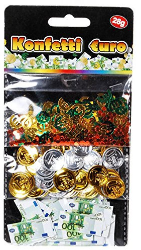 1 Pack. '€uro / Geld' Flitterbox-Streuartikel, 3-fach Sort., 28 Gramm