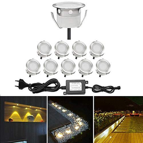 QACA 10 Kit Spots LED Eclairage,Encastrable Extérieur IP67 Acier inoxydable - Spots à Encastrer pour Terrasse Bois Plafond 0,6W DC12V lumière Blanc Chaud Spot LED Lampe Extérieur