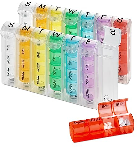 Pilulier Hebdomadaire - (Paquet de 2) Boîtes à Médicaments & Vitamines, 4 fois par jour pour toute la semaine, Indication AM/PM
