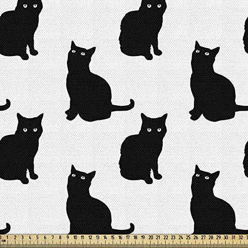 ABAKUHAUS Katze Gewebe als Meterware, Nette spielerische Schwarze Kätzchen, Schön Gewebten Stoff für Polster und Wohnaccessoires, 1M (148x100cm), Weiß Anthrazit grau