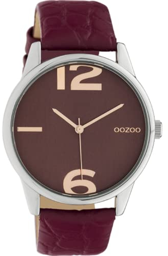 Oozoo Damenuhr mit Kroko Look Lederband 40 MM Silberfarben/Weinrot C10378