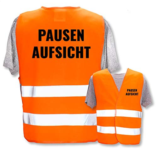 Bedruckte Marken-Warnwesten mit ISO-Leuchtstreifen * Standard- oder Reflex-Druck * Schule, Warnweste Begriffe Schule:Pausenaufsicht, Farbe + Größe:Orange (M/L)