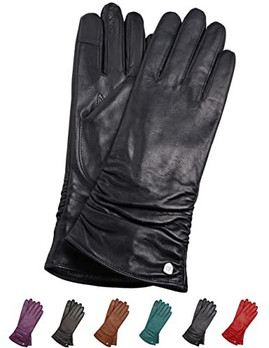 AKAROA ESTD 2019 Lederhandschuhe Damen BEA, Touchscreen Funktion, italienisches Leder, recyceltes Strickfutter aus 50% Kaschmir und 50% Wolle, 4 Größen S - XL, marineblau, L - 8