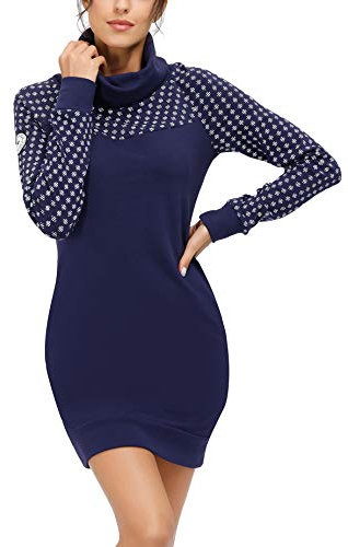 TrendiMax Damen Sweatshirt Langarm Hoodie Kleid Pulloverkleid Rollkragen Sweatkleid Kapuzenpulli Lange Tops, Blau, XL