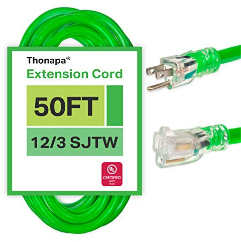 50 ft outdoor extension cord - 12/3 heavy duty neon green extension cord with 3-prong plug for added safety - ideal for garden and major appliances