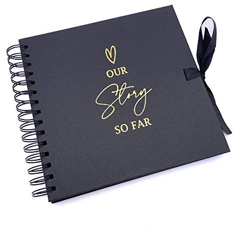 Our Story So Far Love Themed Black Scrapbook Guest Book Photo album Gold Script