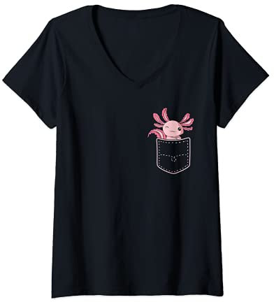 Donna Salamandra Kawaii Taschino Animale Anfibio Messicano Axolotl Maglietta con Collo a V