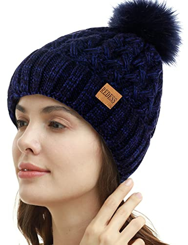 REDESS Femmes Hiver Pompon Bonnet Chapeau Polaire Doublé Chaud Chapeaux, Épais Slouchy Neige Tricot Bonnet Croisé pour Dames